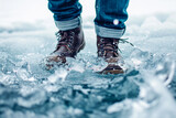 man trying to break through the ice with his feet, with no success