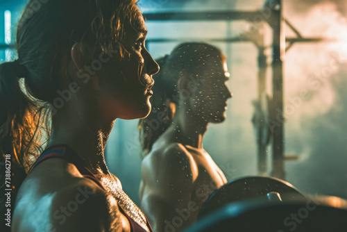 man and a woman lifting weights at the gym, with sweat glistening on their foreheads
