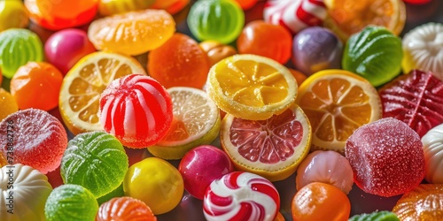 Colorful hard candies pile. Small shiny lollipop pile, fruit confectionery group, round sweets candies photo