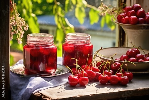 Cherries Compote in Glass Jars  Canned Fruit Drinks  Homemade Cherries Jam Jars on Rustic Window