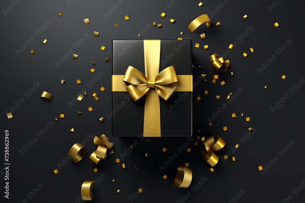 Black Gift Box with Golden Bow Amidst Flying Confetti. Striking black gift box with a lustrous golden bow in the midst of dynamic flying golden confetti on a dark background. Black Gift Box with Golden Bow Amidst Flying Confetti. Striking black gift box with a lustrous golden bow in the midst of dynamic flying golden confetti on a dark background.