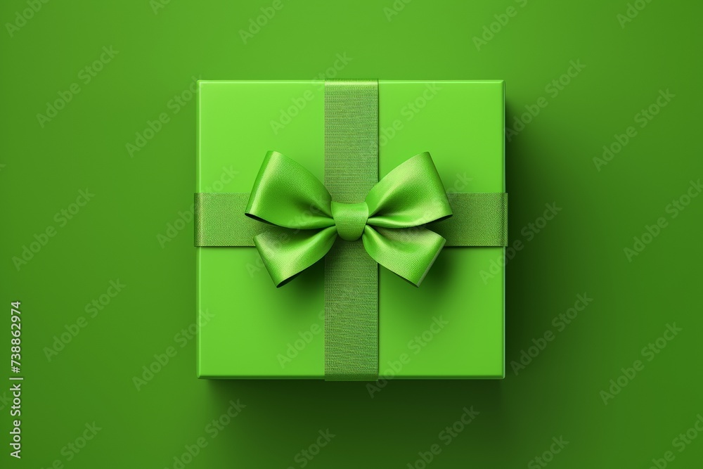 Vibrant Green Gift Box with Matching Bow. A bright green gift box tied with a textured green ribbon, set against a soft shadow for a fresh, eco-friendly vibe.
