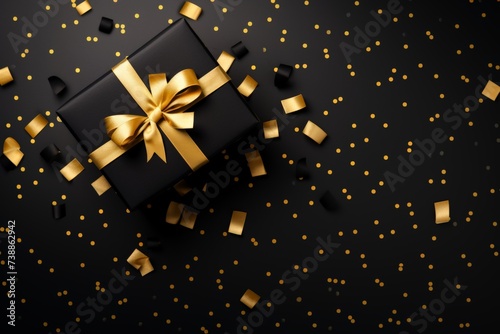 Single Luxury Gift Box with Gold Confetti on Black Background. A single luxurious black gift box with a golden ribbon, surrounded by a sparkling golden confetti on a sophisticated black backdrop.