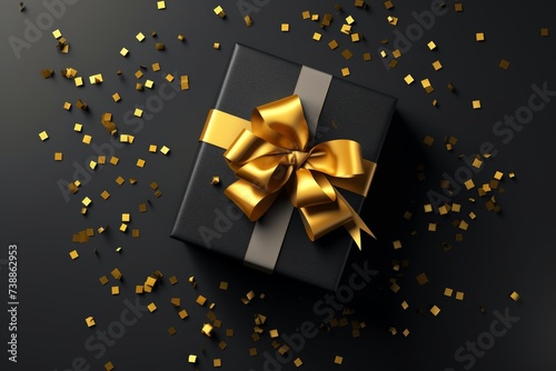 Sophisticated Black Present with Golden Ribbon and Confetti. Stylish black gift with a radiant golden ribbon amidst a shower of gold confetti on a sleek background.