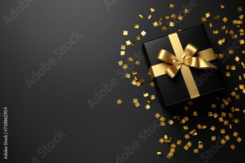 Elegant Black Gift Box with Golden Bow on Dark Background. Luxurious black gift box with a shimmering golden bow surrounded by gold confetti on a dark backdrop.