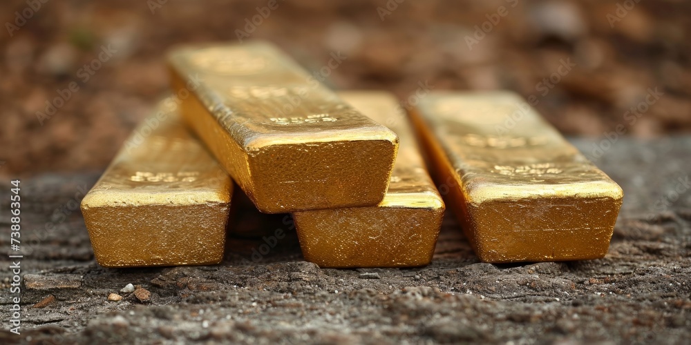 A display of gold ingots symbolizes wealth, finance, and success in a luxurious setting. A display of gold ingots symbolizes wealth, finance, and success in a luxurious setting.