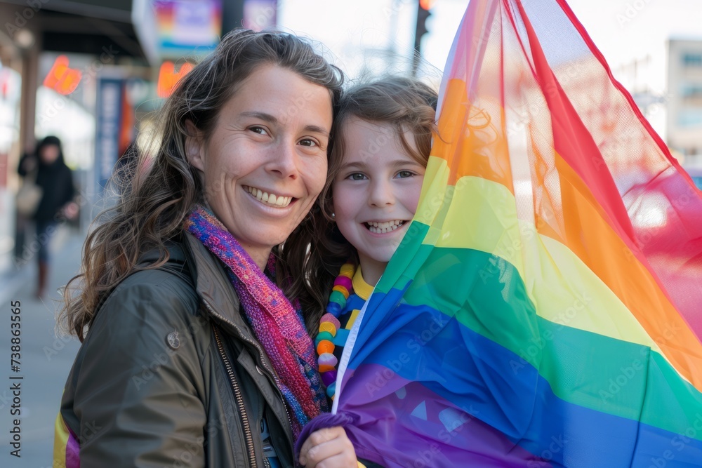 Happy Woman and Girl with Rainbow Flag: LGBT Support on City Street