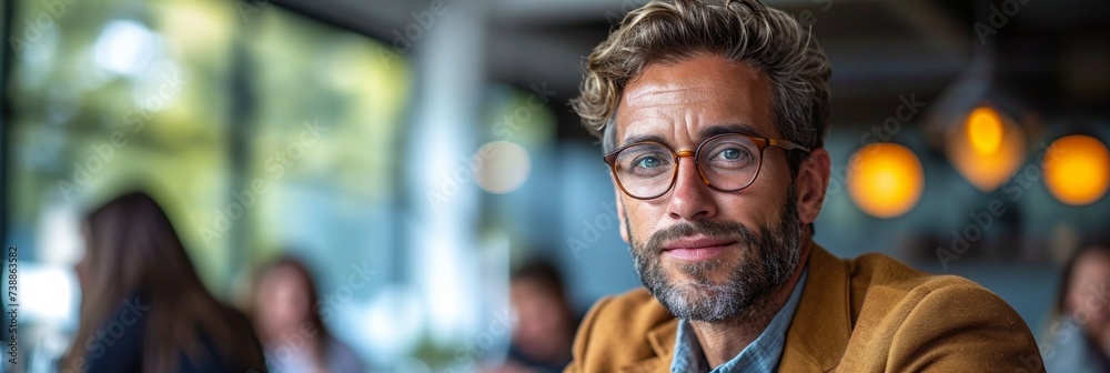 A cheerful and smart businessman in a cafe setting, wearing glasses and exuding confidence.