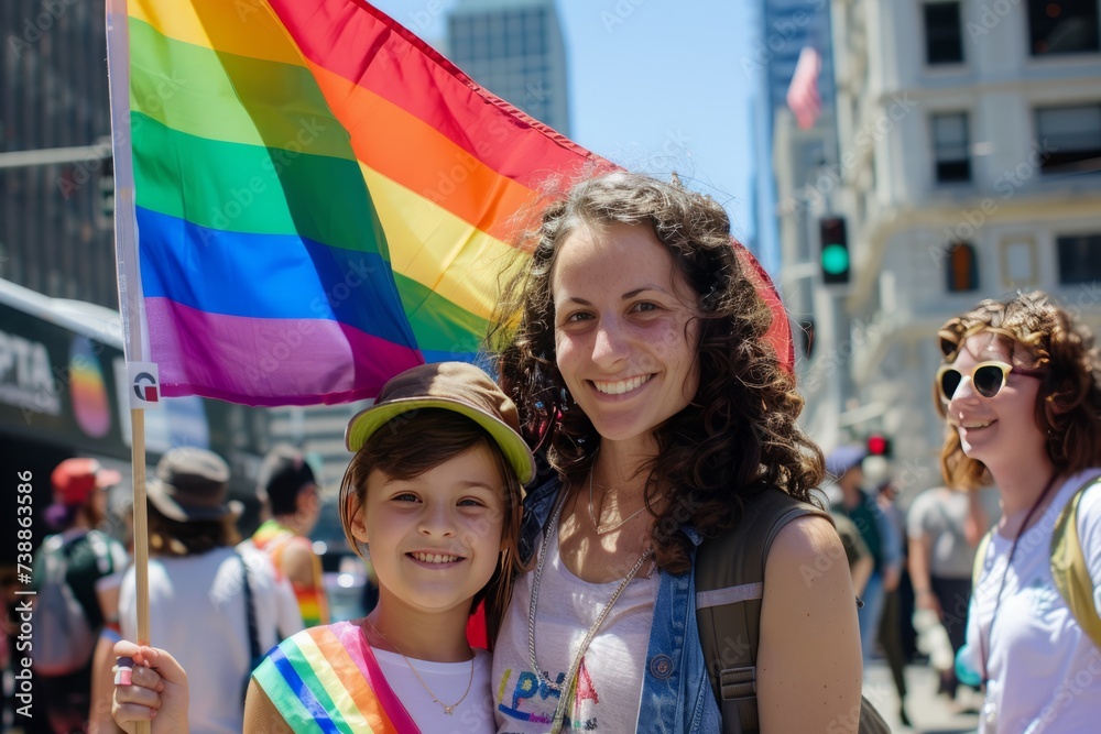 Happy Woman and Girl with Rainbow Flag: LGBT Support on City Street Happy Woman and Girl with Rainbow Flag: LGBT Support on City Street