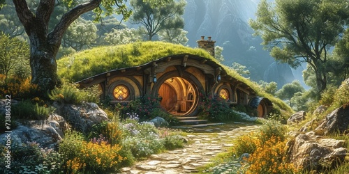 A cozy house with a beautiful grassy roof, set in a prosperous and picturesque landscape, with a touch of fantasy.