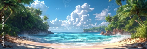 A panoramic seascape with a tranquil beach, blue waters, palm trees, and a clear sky.