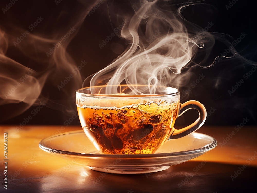Cup of tea with smoke on a wooden table, close up Cup of tea with smoke on a wooden table, close up