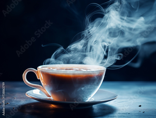 Cup of hot coffee with steam on wooden table, selective focus