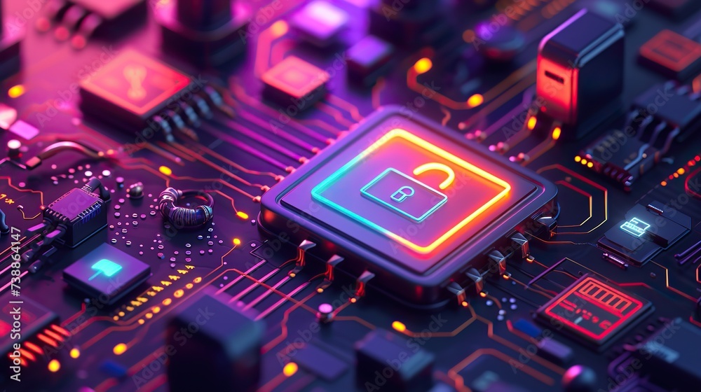 A macro shot of a futuristic circuit board with a holographic security lock symbol, highlighting advanced data encryption technologies.