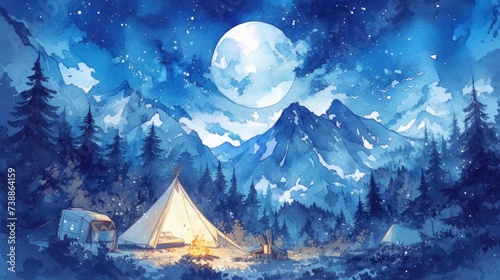A watercolor illustration of a cozy campsite nestled in a forest clearing, with a tent, campfire, and starry sky above, evoking the essence of digital detox and reconnection with nature photo