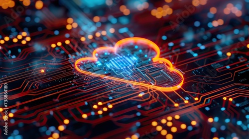 A striking image of a cloud computing icon illuminated on a complex circuit board, symbolizing the power of networked data storage and processing. photo