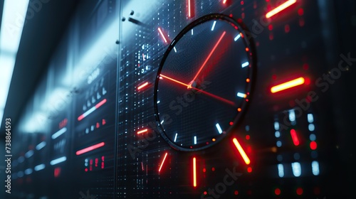 A clock juxtaposed against a backdrop of a blurred data center, symbolizing network time synchronization and precision. photo