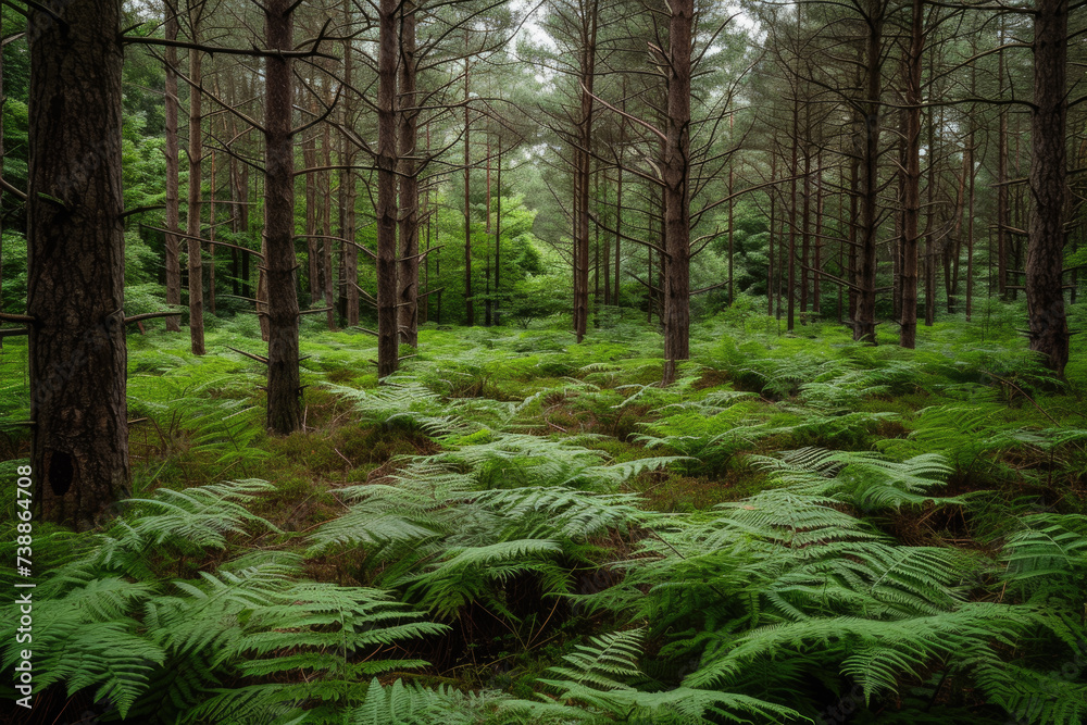 view of a forest with tall trees and a carpet of ferns on the ground view of a forest with tall trees and a carpet of ferns on the ground