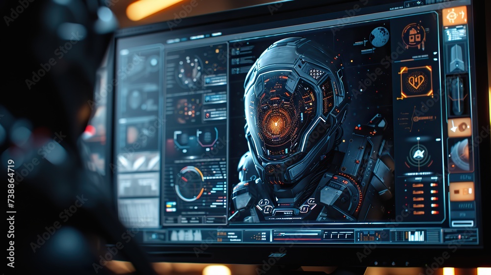A detailed view of a cybernetic helmet's interface design on a monitor, showcasing futuristic technology and advanced graphics.