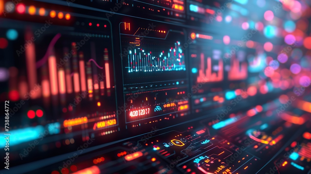 Futuristic data analytics dashboard with glowing charts and indicators for financial monitoring.