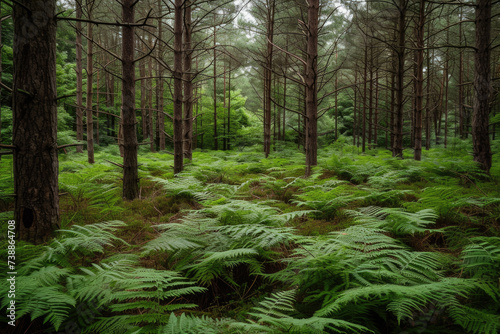 view of a forest with tall trees and a carpet of ferns on the ground © Formoney
