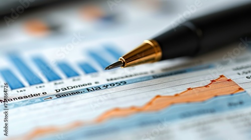A close-up view of a financial report with graphs showing trends, with a luxury pen indicating a particular data point for detailed analysis.