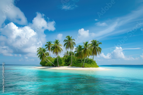 view of a tropical island with palm trees and a blue ocean