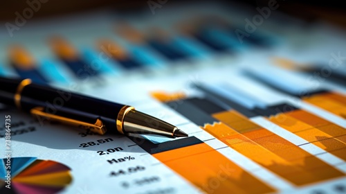 Close-up of a pen on financial charts highlighting business performance and growth trends.