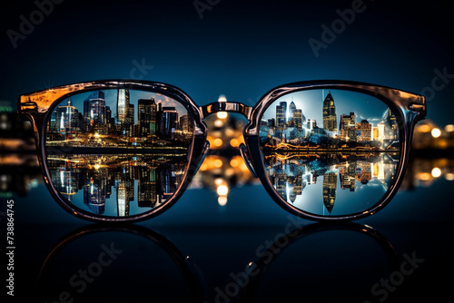 night city view reflected in sunglasses lens