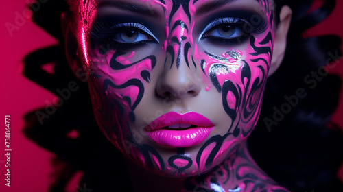 Beauty woman face painted in pink color paint