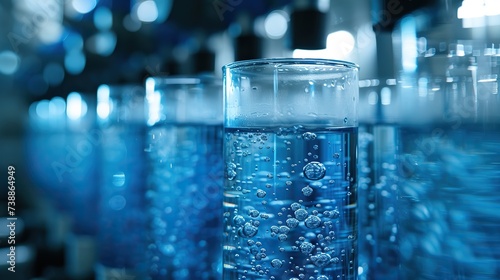 A close-up of a clear glass filled with sparkling water, bubbles rising to the surface, set against a backdrop of cool blue tones.