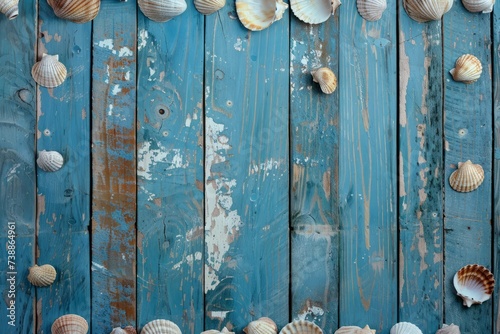 Blue Wooden Planks with Sea Shells: Background for Your Product