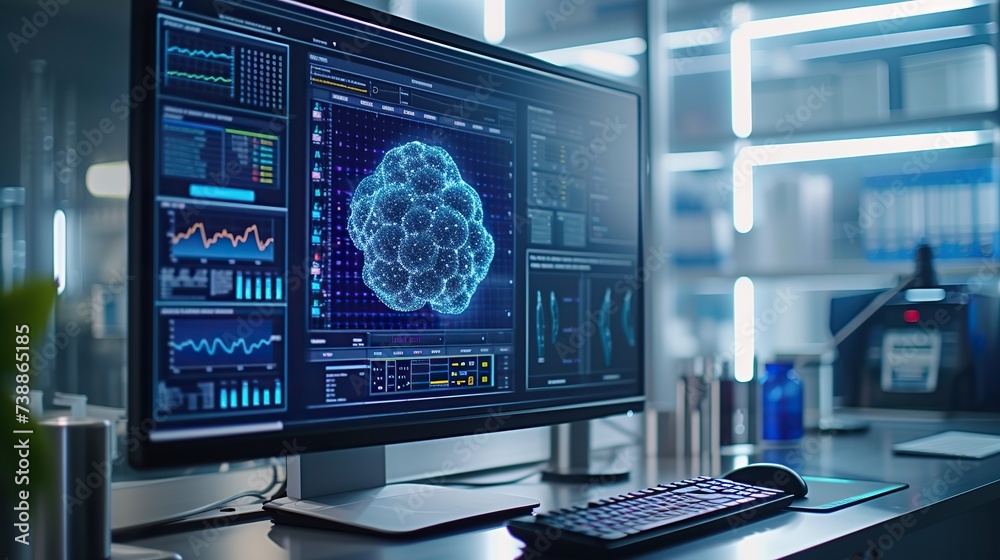 A high-tech scientific monitor displays a detailed analysis of a viral particle, with graphs and data indicating research in virology. A high-tech scientific monitor displays a detailed analysis of a viral particle, with graphs and data indicating research in virology.