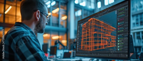 An engineer in casual wear is intently reviewing a complex structural design on his computer monitor in a contemporary office.