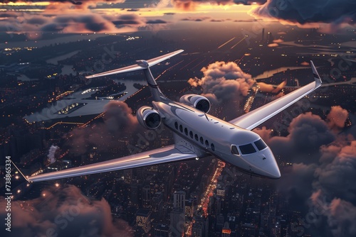 Private Luxury Jet Flying at Sunset Over City