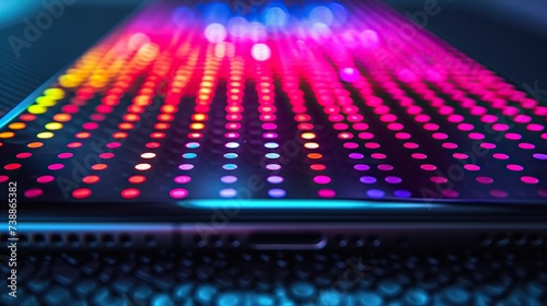 A laptop keyboard under a mesmerizing array of colorful LED lights, creating a vibrant pattern of bokeh effects across the keys.