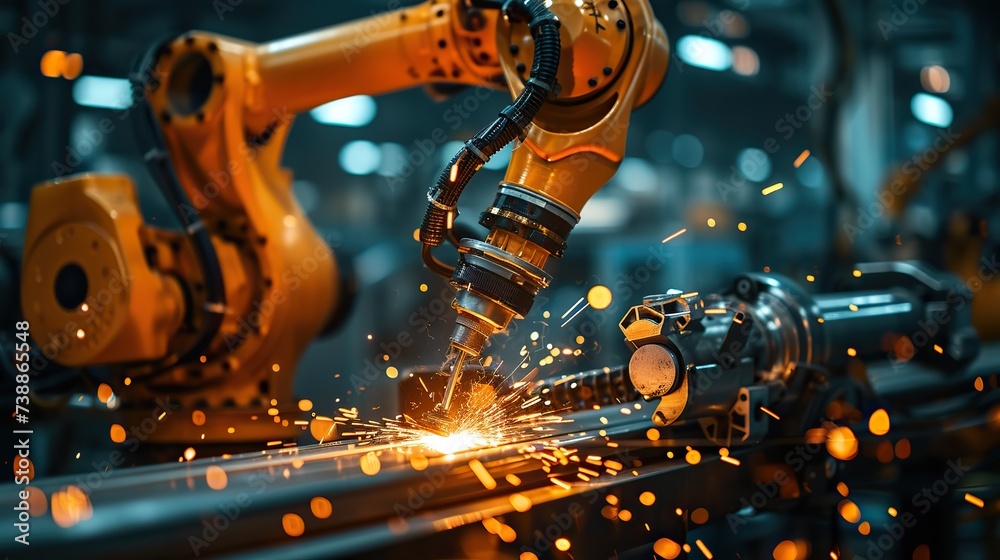 An automated robotic arm welds with precision in an industrial setting, surrounded by sparks, representing advanced manufacturing techniques. An automated robotic arm welds with precision in an industrial setting, surrounded by sparks, representing advanced manufacturing techniques.