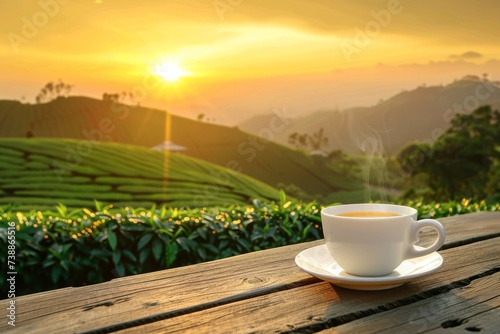 Coffee or Tea on Wooden Table with Tea Plantation at Sunset