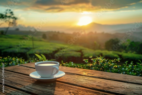 Coffee or Tea on Wooden Table with Tea Plantation at Sunset