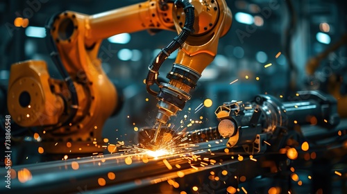 An automated robotic arm welds with precision in an industrial setting, surrounded by sparks, representing advanced manufacturing techniques.
