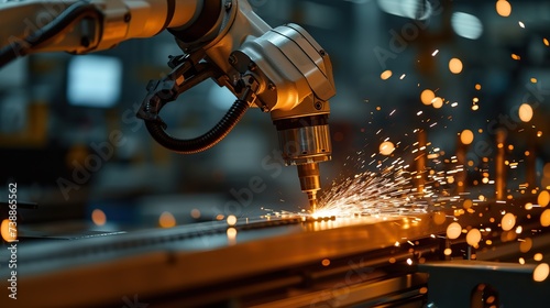 Close-up of a robotic laser cutter in action, precisely slicing through metal with intense sparks in an industrial setting.