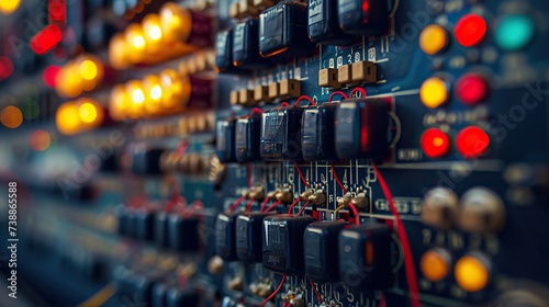Close-up view of a retro control panel with an array of illuminated indicator lights and switches, reflecting complex machinery from a bygone era. photo