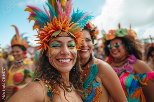 Portraits of dancers performing in a Brazilian Carnival. People in colorful outfits