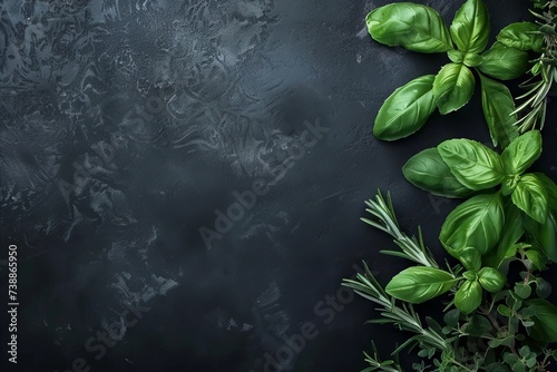 Fresh Basil and Rosemary on Dark Background with Space for Text