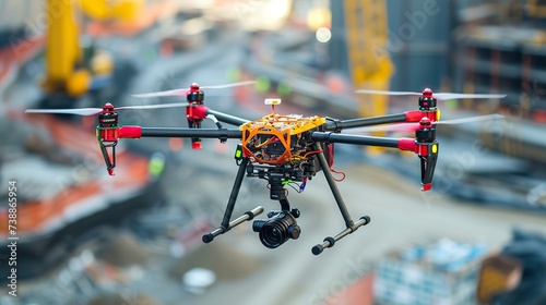 Custom-built drone with specialized cameras hovers above an urban construction site, gathering data and images for analysis and project management.