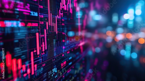 An intricate display of stock market analytics, with glowing graphs and figures on digital screens, depicting financial data analysis and trading.