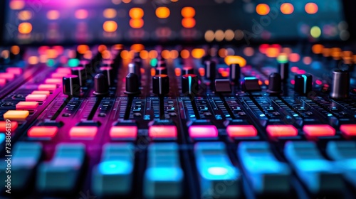 An illuminated sound mixing board with vibrant buttons and sliders, captured in a professional music studio setting.