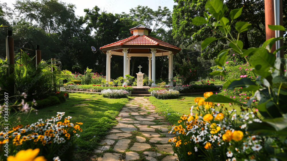 A serene garden setting transformed into a sacred space for baptism, with flowers in full bloom and gentle breezes carrying the sound of hymns.