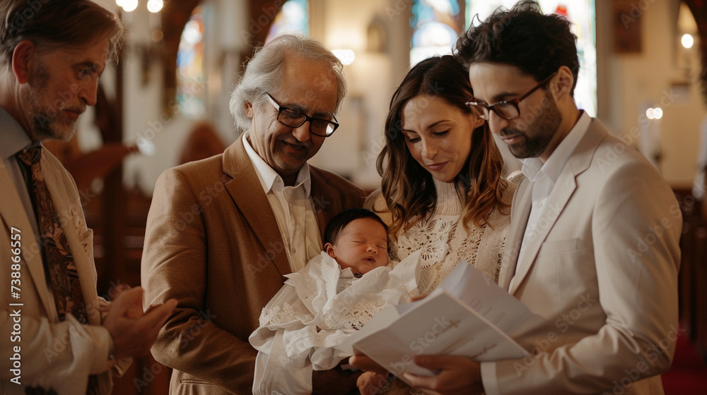 A heartwarming image of godparents standing alongside the baby's parents, pledging to support and guide the child on their spiritual journey. - obrazy, fototapety, plakaty 