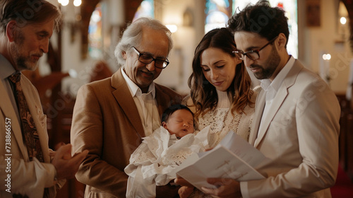 A heartwarming image of godparents standing alongside the baby's parents, pledging to support and guide the child on their spiritual journey. photo